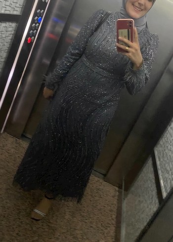 Abiye Gri Yılan Desenli Uzun Abiye Elbise