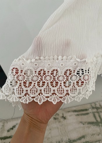 xs Beden Dantel Detaylı Beyaz Uzun Keten Elbise
