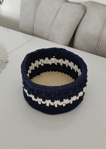 Lacivert Beyaz Örgü Depolama Sepeti - Görsel 3