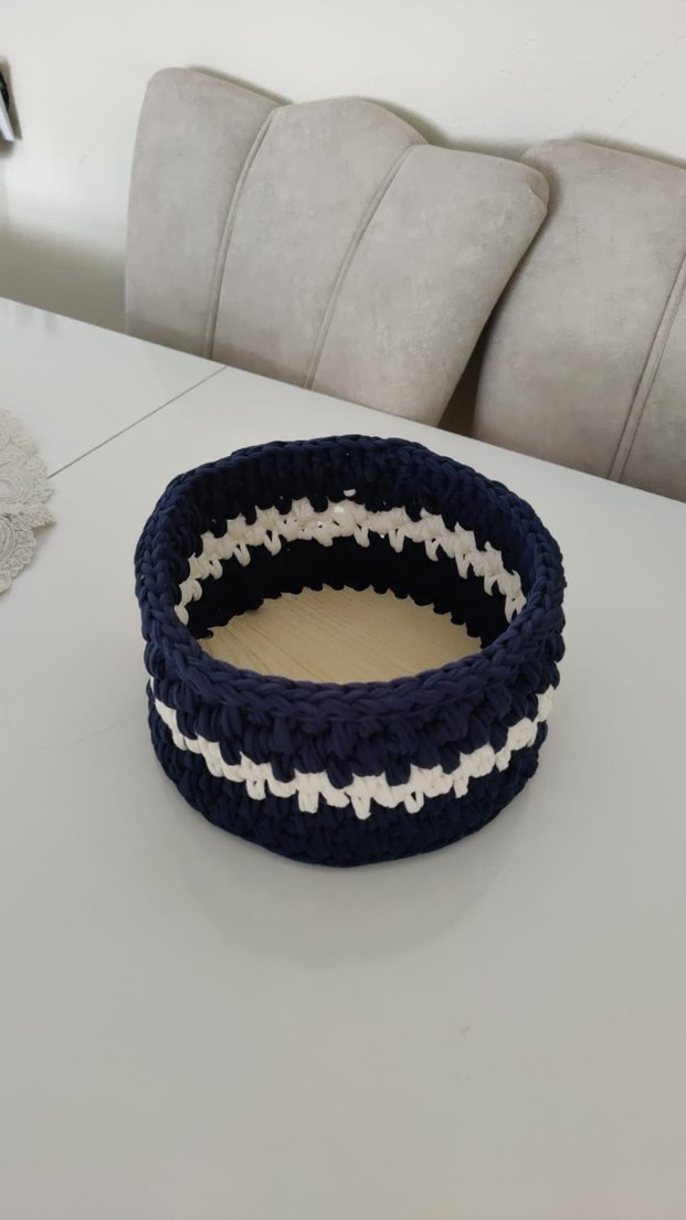 Lacivert Beyaz Örgü Depolama Sepeti - Görsel 3