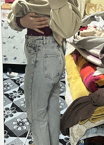 Kadın Gri Bol Kesim Midi Denim Jean - Görsel 7