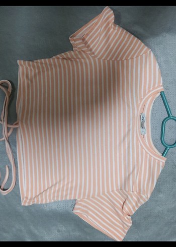 Pembe Çizgili Crop Top Kısa Kollu - Görsel 2