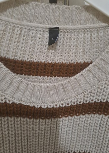 Sade Çizgili Kahverengi Gri Örgü Kadın Kazak - Görsel 2