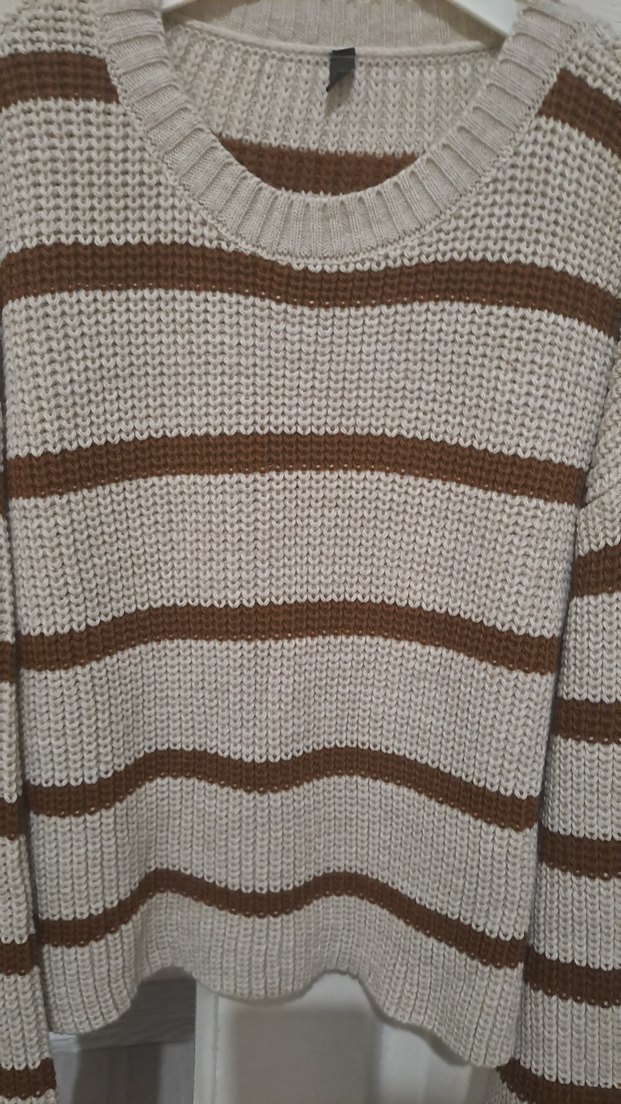 Sade Çizgili Kahverengi Gri Örgü Kadın Kazak - Görsel 3