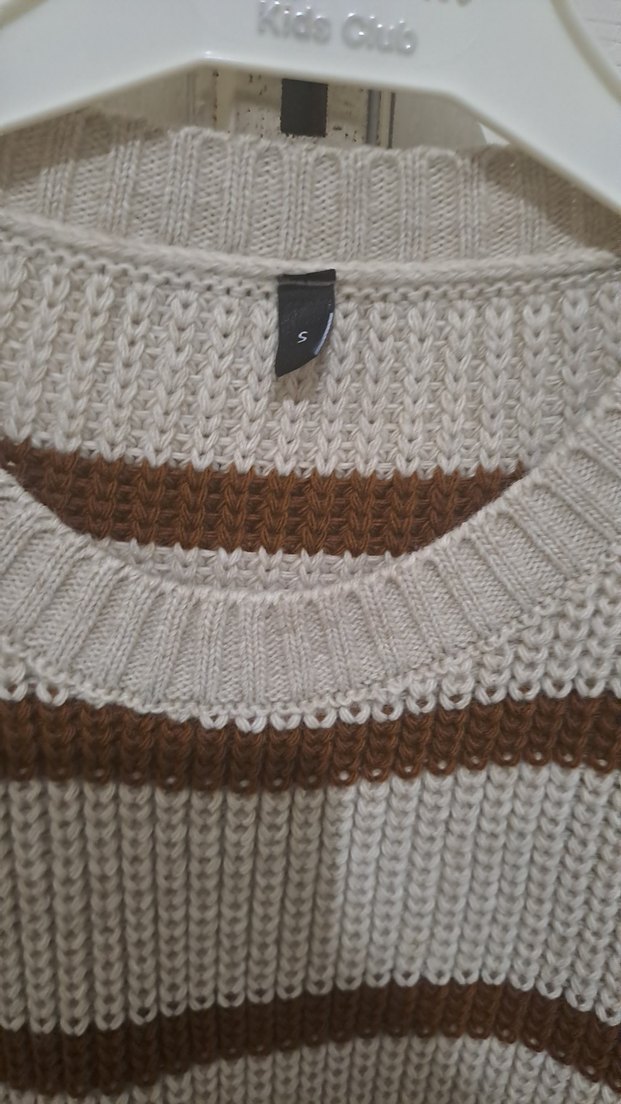 Sade Çizgili Kahverengi Gri Örgü Kadın Kazak - Görsel 2