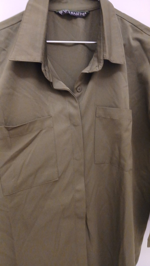 Kadın Haki Düğmeli Uzun Kollu Keten Gömlek - Görsel 2