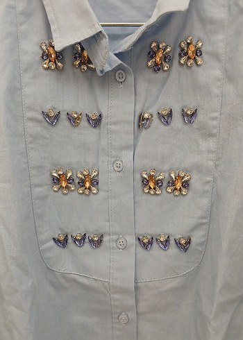 Nakışlı Mavi Düğmeli Uzun Kollu Kadın Gömlek - Görsel 2