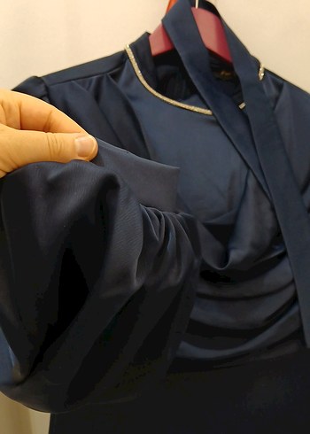 Lacivert Drapeli Uzun Kollu abiye - Görsel 5