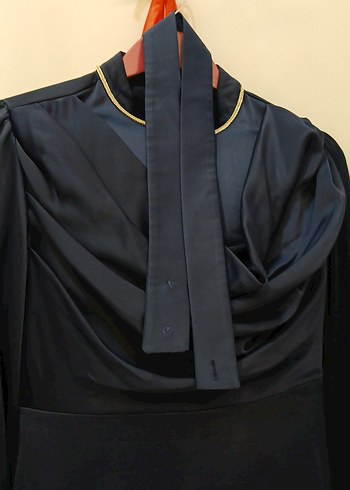 Lacivert Drapeli Uzun Kollu abiye - Görsel 3