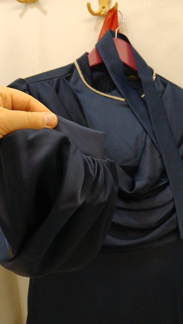 Lacivert Drapeli Uzun Kollu abiye - Görsel 5