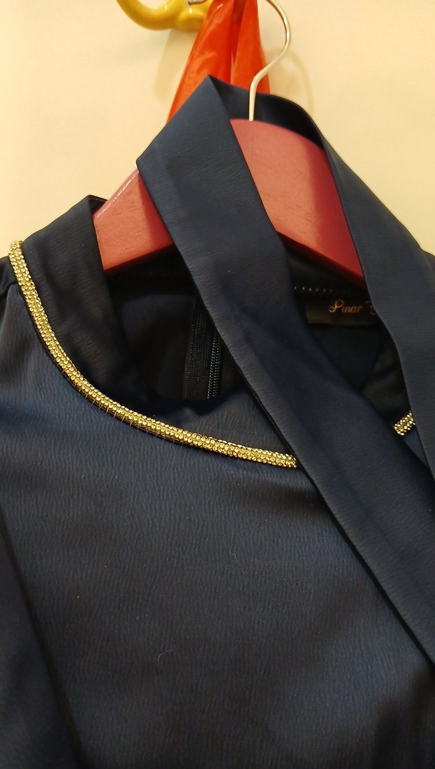 Lacivert Drapeli Uzun Kollu abiye - Görsel 4