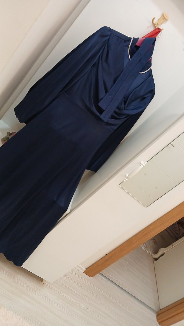 Lacivert Drapeli Uzun Kollu abiye - Görsel 2