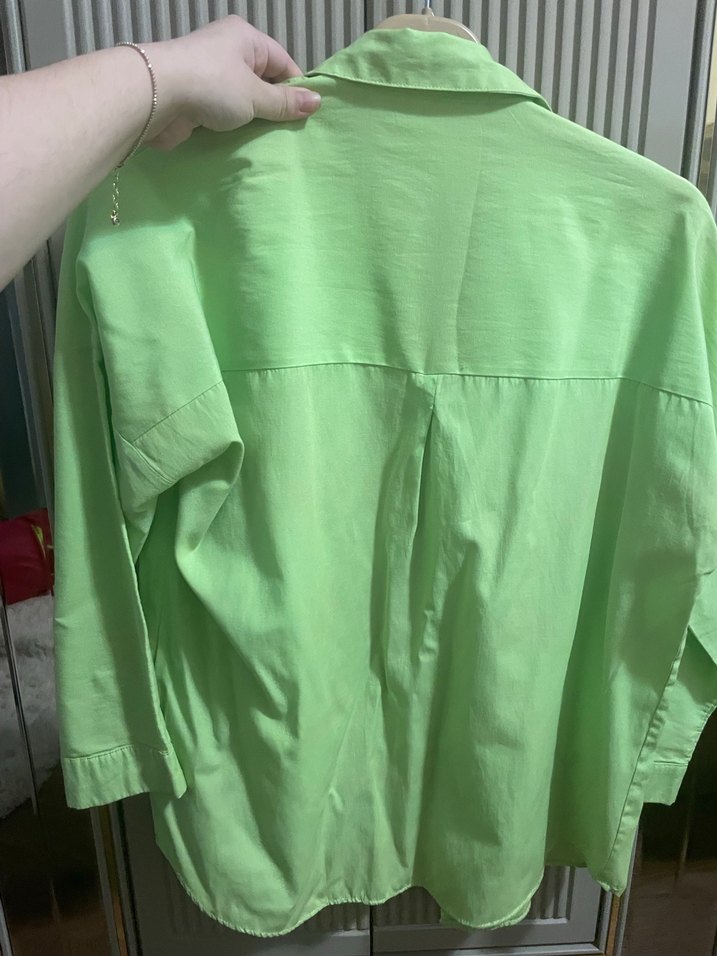 Düğmeli Açık Yeşil Keten Kadın Gömlek - Görsel 3
