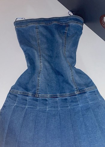 Mavi Straplez Pileli Midi Denim Elbise