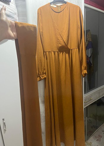 V Yaka Kahverengi Salaş Uzun Elbise
