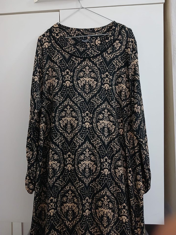 Uzun Kollu Siyah Desenli Bohem Elbise - Görsel 3