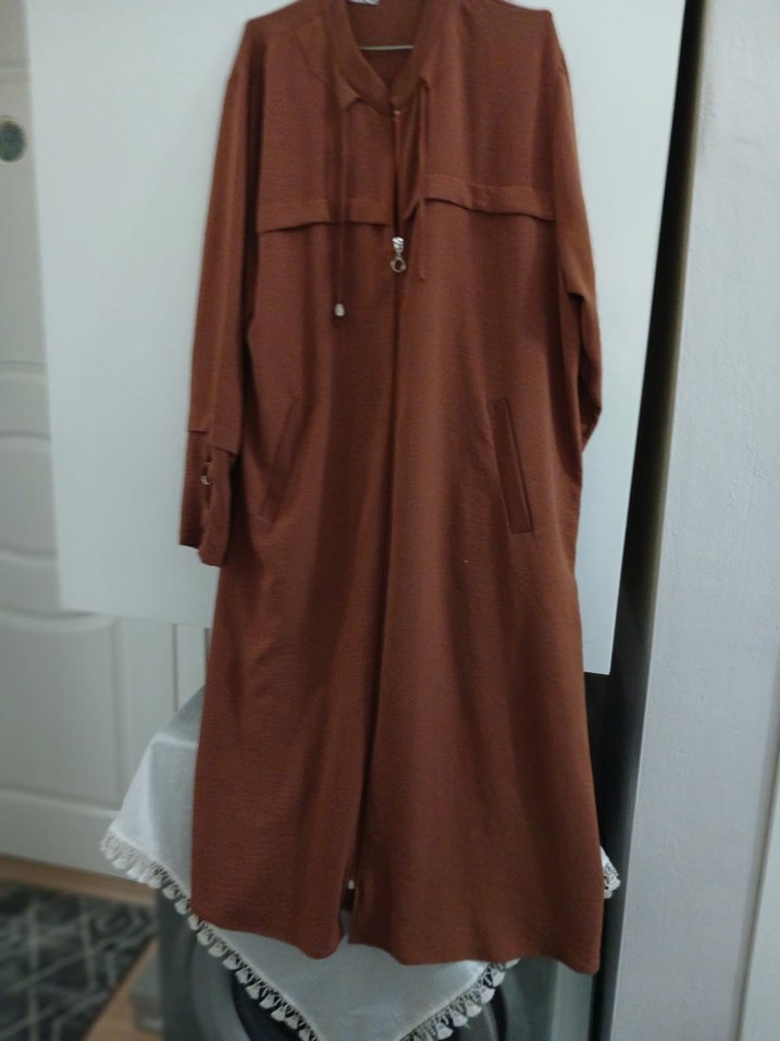 Düğmeli Kiremit rengiUzun Kadın yazlık pardesü - Görsel 2