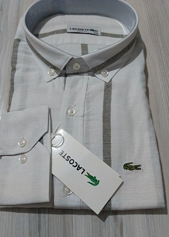 xxl Beden beyaz Renk Lacoste Gri Çizgili Uzun Kollu Erkek Gömlek