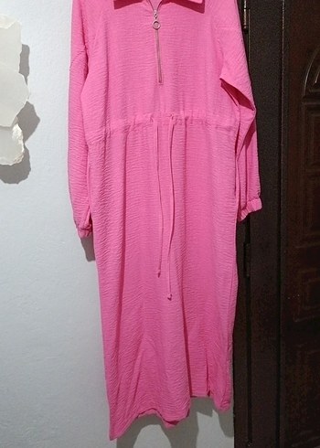 Pembe Keten Uzun Kollu Uzun Elbise