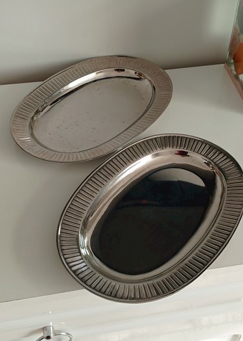 Modern Klasik Paslanmaz Gri Parlak Oval Tabaklar - Görsel 2