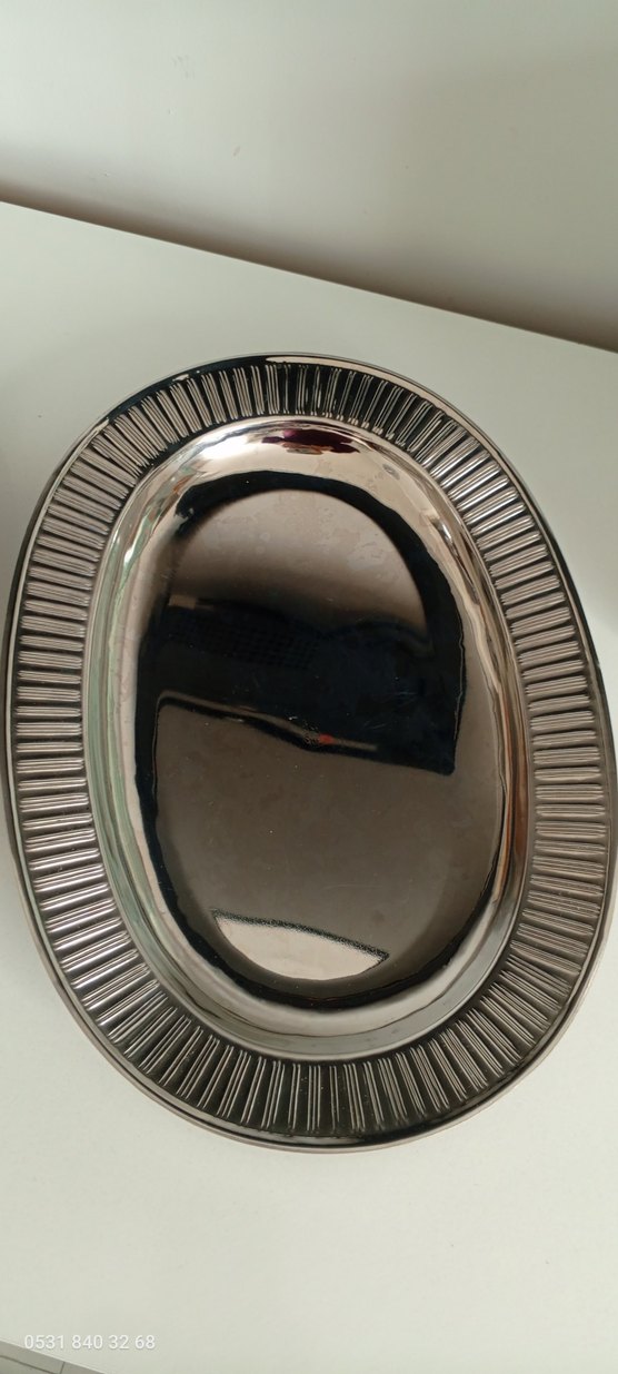 Modern Klasik Paslanmaz Gri Parlak Oval Tabaklar - Görsel 3