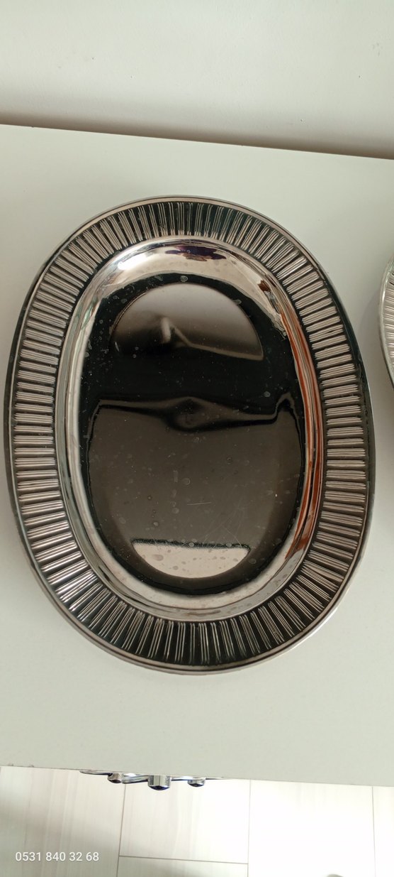 Modern Klasik Paslanmaz Gri Parlak Oval Tabaklar - Görsel 4