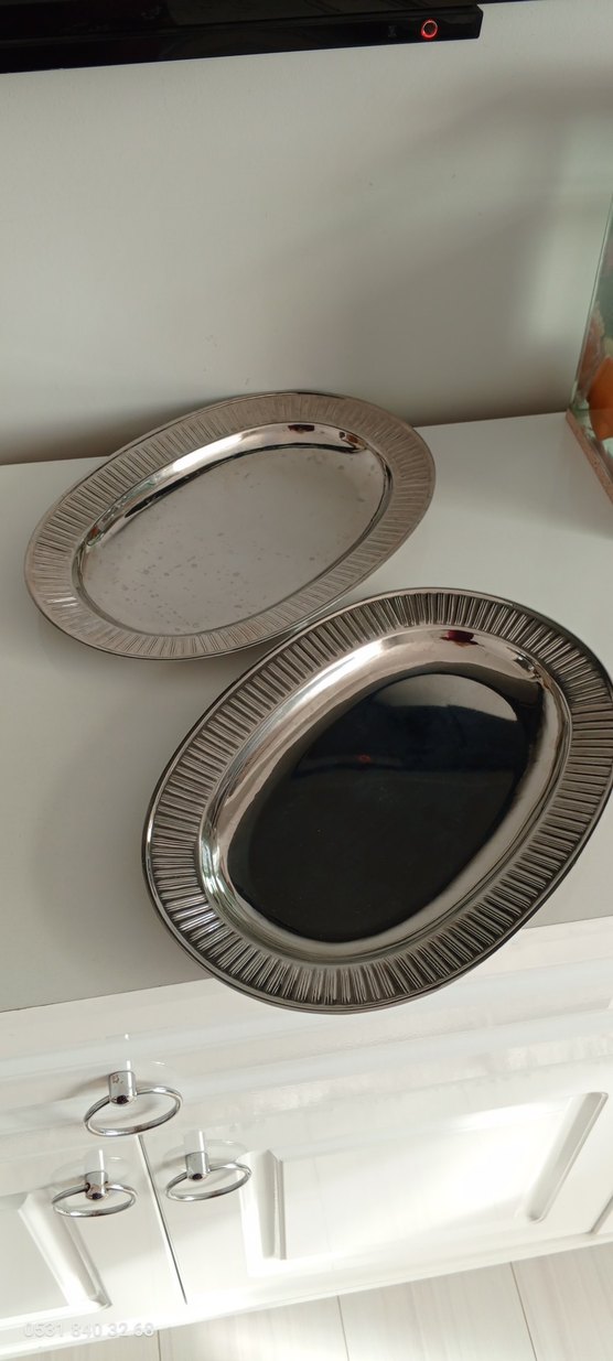 Modern Klasik Paslanmaz Gri Parlak Oval Tabaklar - Görsel 2