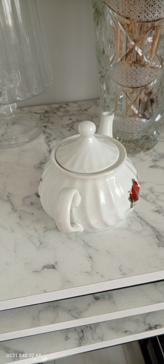 Beyaz Gül Desenli Seramik Demlik - Görsel 5