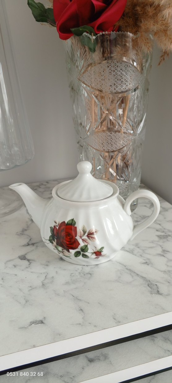 Beyaz Gül Desenli Seramik Demlik - Görsel 3