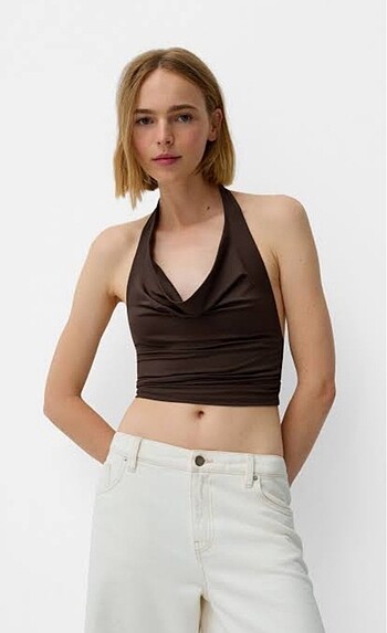 BERSHKA drapeli halter yaka top