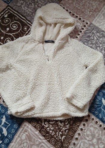 m Beden beyaz Renk Kadın Beyaz Kapüşonlu Peluş Ceket