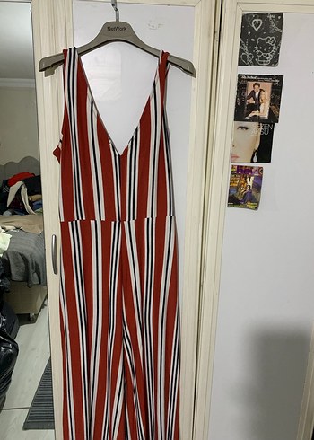 Kırmızı Çizgili Kemerli Uzun Kadın Tulum - Görsel 6