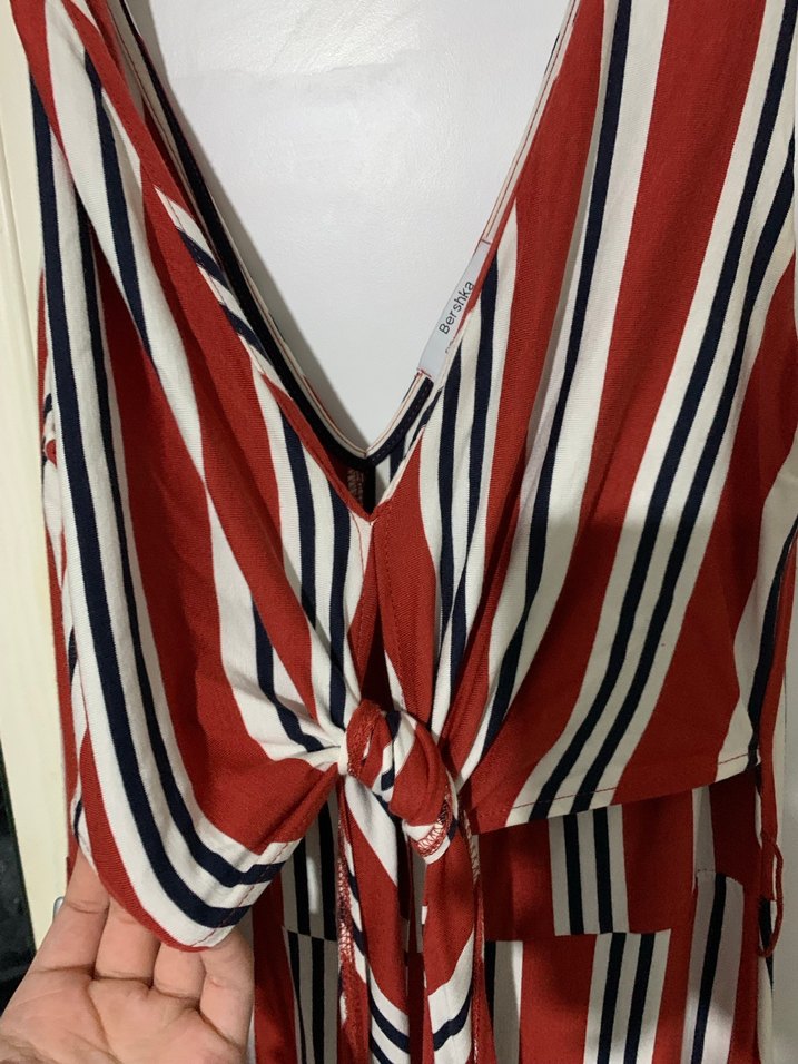 Kırmızı Çizgili Kemerli Uzun Kadın Tulum - Görsel 3