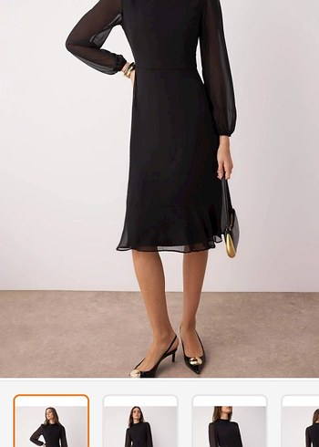 Siyah Midi V Yaka Drapeli Kadın Elbise - Görsel 2