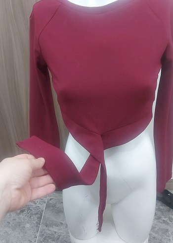 38 Beden bordo Renk Bordo Kadın Uzun Kollu Drapeli Mini Bluz