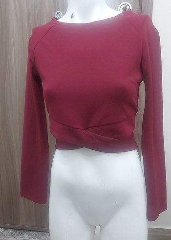 Bordo Kadın Uzun Kollu Drapeli Mini Bluz