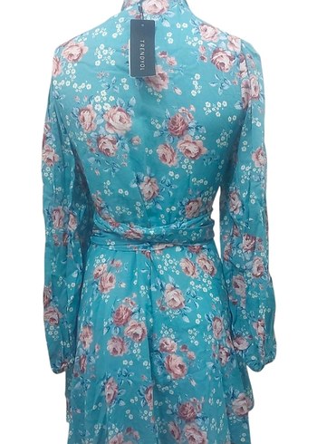 Uzun Kollu Turkuaz Çiçekli Bohem Elbise - Görsel 2