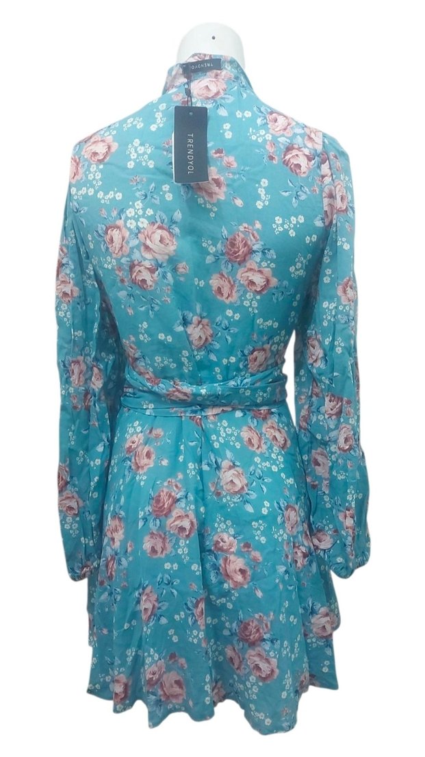 Uzun Kollu Turkuaz Çiçekli Bohem Elbise - Görsel 2