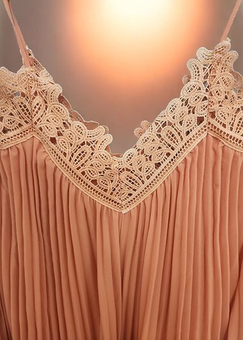 Bej Piliseli Uzun Straplez Elbise - Görsel 2