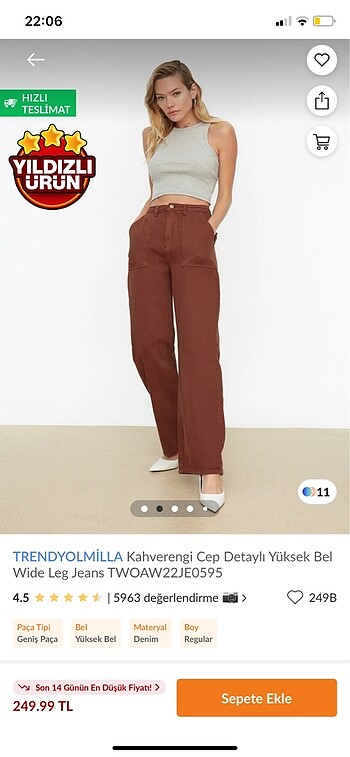 Kahverengi cep detaylı wide leg jeans