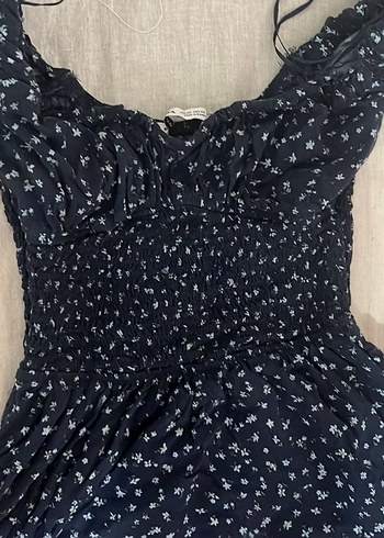 Bershka elbise V Yaka Lacivert Midi Bohem Elbise - Görsel 4