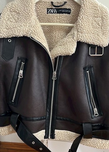 Zara Kürk Detaylı Kahverengi Deri Biker Ceket - Görsel 3