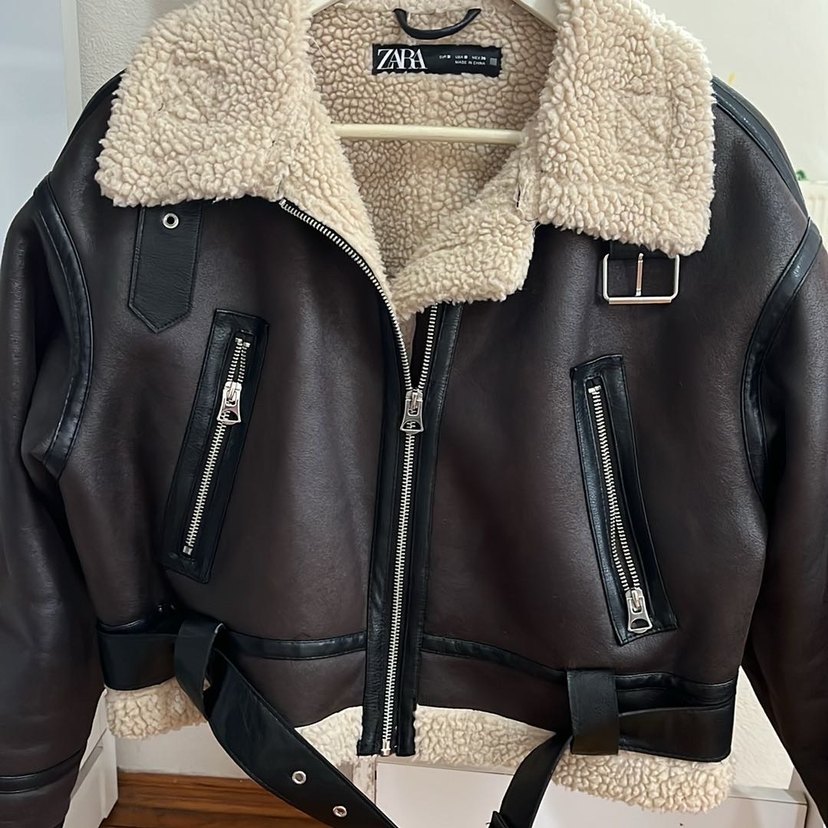 Zara Kürk Detaylı Kahverengi Deri Biker Ceket - Görsel 3