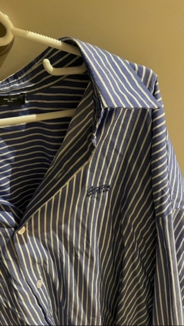 Mango Çizgili Mavi Kadın Keten Gömlek - Görsel 3