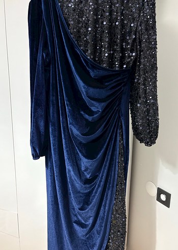 Drapeli Lacivert Kadın Uzun Abiye Elbise - Görsel 4