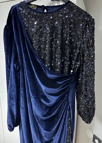 Drapeli Lacivert Kadın Uzun Abiye Elbise - Görsel 6