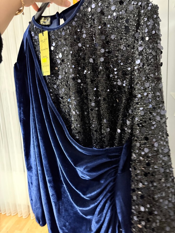 Drapeli Lacivert Kadın Uzun Abiye Elbise - Görsel 2