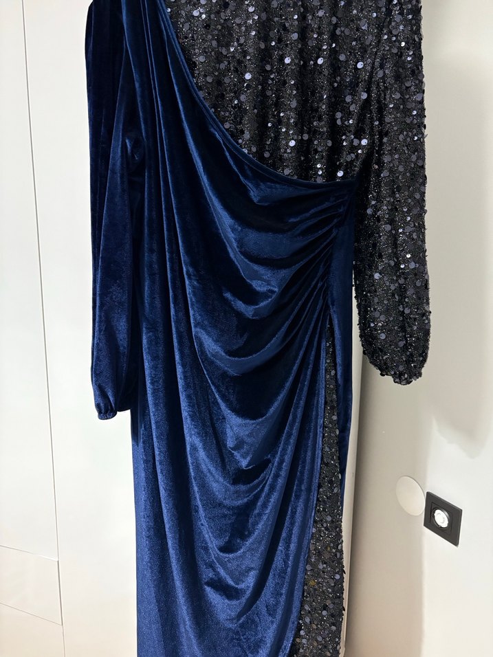 Drapeli Lacivert Kadın Uzun Abiye Elbise - Görsel 4