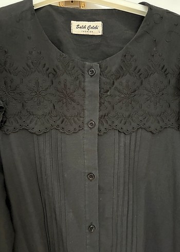 Dantel Detaylı Siyah Uzun gömlek - Görsel 2