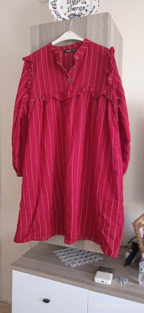 Bordo Keten Midi Bohem Tunik - Görsel 4